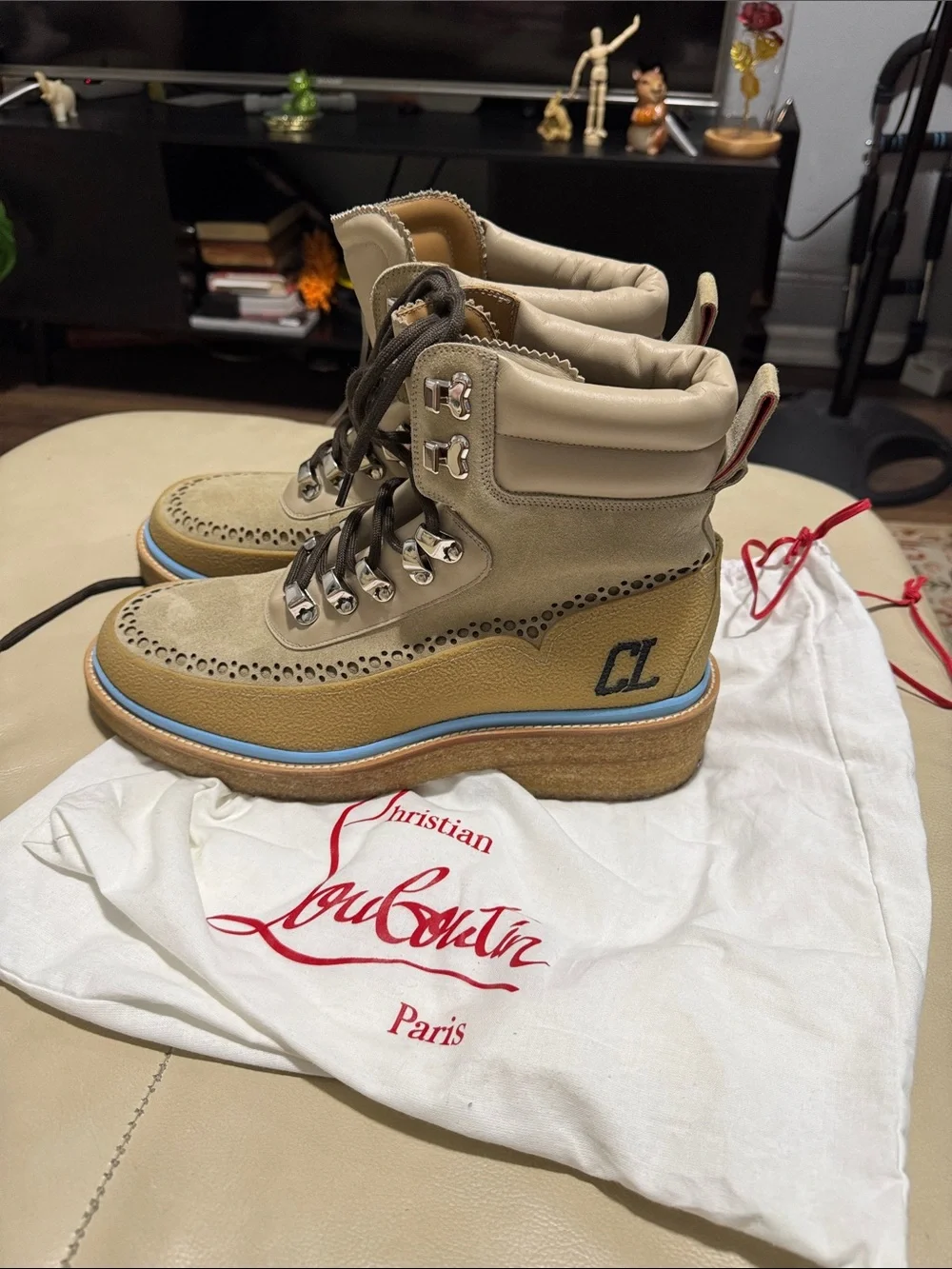 Christian Louboutin Beige and Light Blue Trim Lace-Up Platform Boots